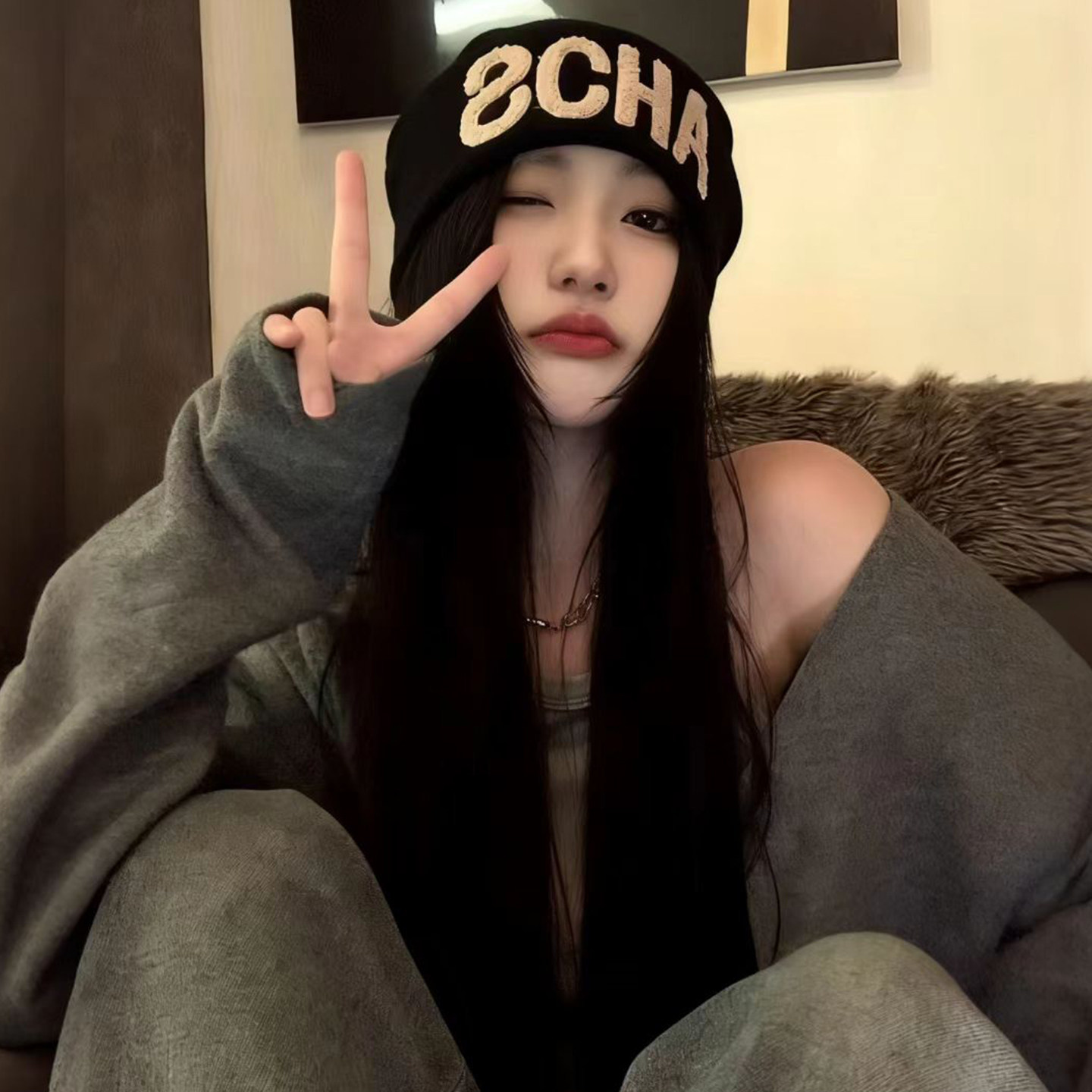 黑色刺绣字母堆堆帽女士冬大头围保暖护耳显脸小针织帽子包头冷帽