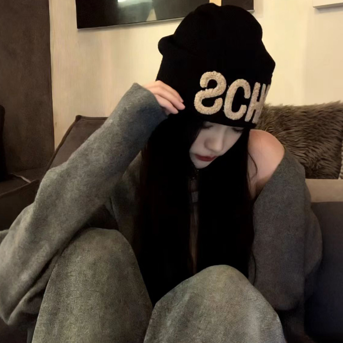 黑色刺绣字母堆堆帽女士冬大头围保暖护耳显脸小针织帽子包头冷帽