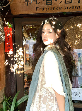 森系蓝绿拼接碎花丝巾披肩围巾女