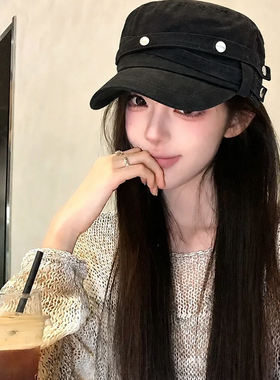 复古铆钉平顶马术帽女显脸小