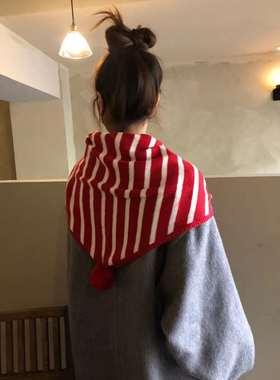 红色毛球条纹三角巾女2026新款冬季新年围巾披肩外搭保暖针织围脖