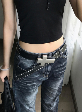 朋克铆钉金属扣女黑色腰带百搭