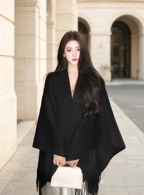 高级感黑色羊毛披肩女外搭
