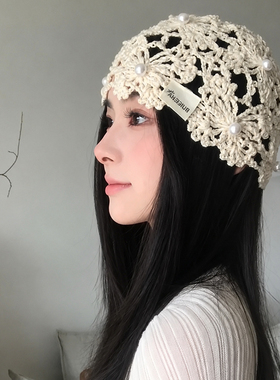 手工编织镂空花朵针织包头帽子女