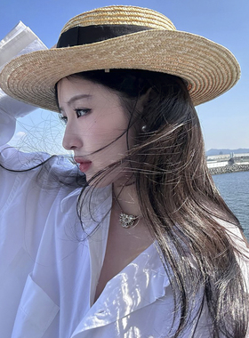 法式平顶宽檐防晒度假草帽女夏