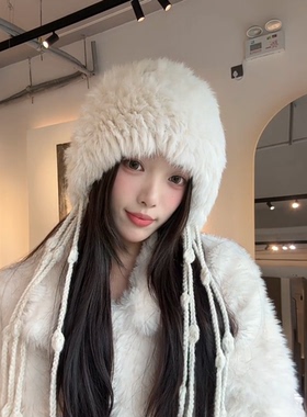【断码清仓】白色兔毛帽子女款冬加厚保暖护耳包头针织帽东北旅游