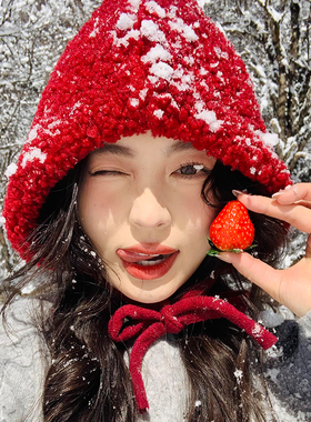 【断码清仓】新年红色可爱毛绒帽子女冬季保暖小红帽防寒保暖可爱