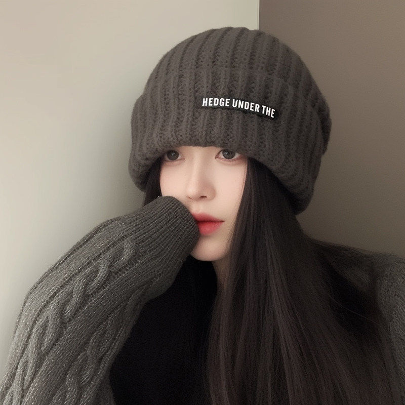 深灰色针织毛线帽子女2026新款冬大头围保暖护耳冷帽显脸小堆堆帽