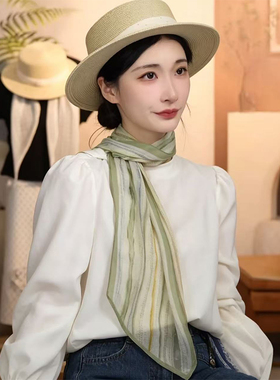 乔其纱长条绿色丝巾系脖高级感女