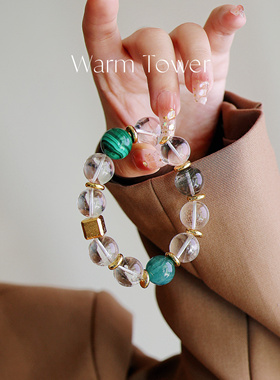 「冰岛极光」暖塔 | 绿幽灵孔雀石蓝绿晶天铁高频水晶手串手链女