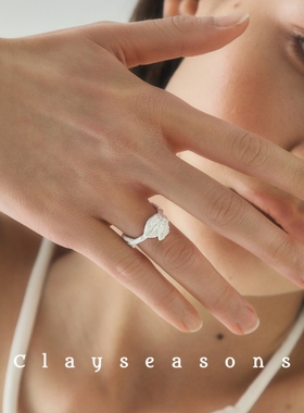 Clayseasons宽叶片开口戒指 原创小众高级感手工肌理度假风可调节