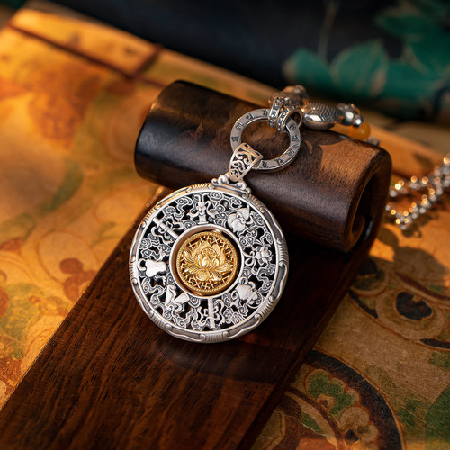 莲花吉祥八宝罗盘999纯银吊坠项链招财毛衣链平安男女款银饰礼物 - 图1