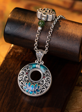 国潮珐琅彩莲花平安扣纯银吊坠项链女复古个性民族风长款毛衣链