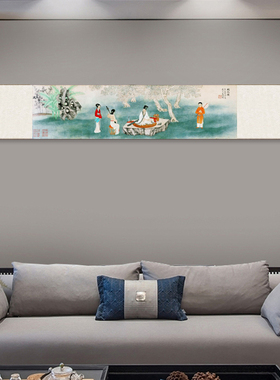 刘彦冲听阮图卷轴画横幅丝绸画山水画微喷绘复制丝绸卷轴听琴字画