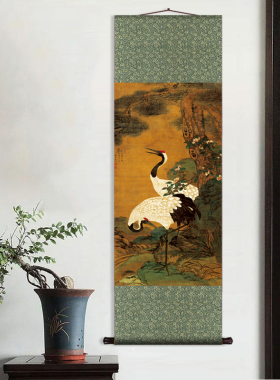 明末 童垲 松鹤延年图山水画中式卷轴竖版玄关过道客餐厅书房壁画
