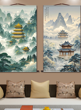 新中式丝绸卷轴挂画玄关竖版茶室山水字画客厅餐厅背景墙装饰壁画
