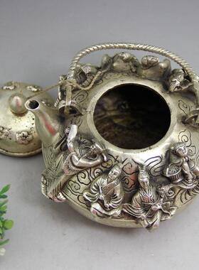 复古白铜铜制手提酒壶茶壶古玩铜器工艺品家居摆件大明宣德年造