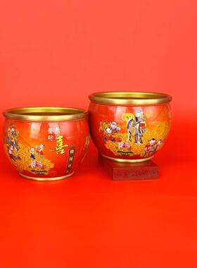 彩绘聚宝盆黄铜油彩百福缸米缸办公室居家工艺品聚财摆件礼品