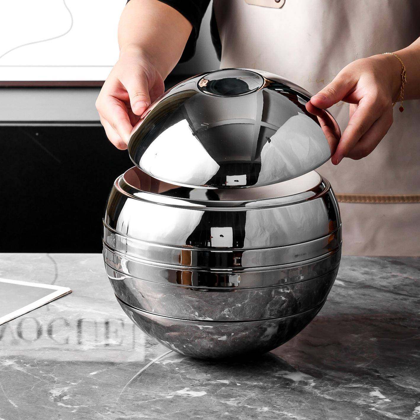 04术不锈钢球套形装碗防盘七件套艺球体摆件亮PR光碗双层烫碗盘 - 图2