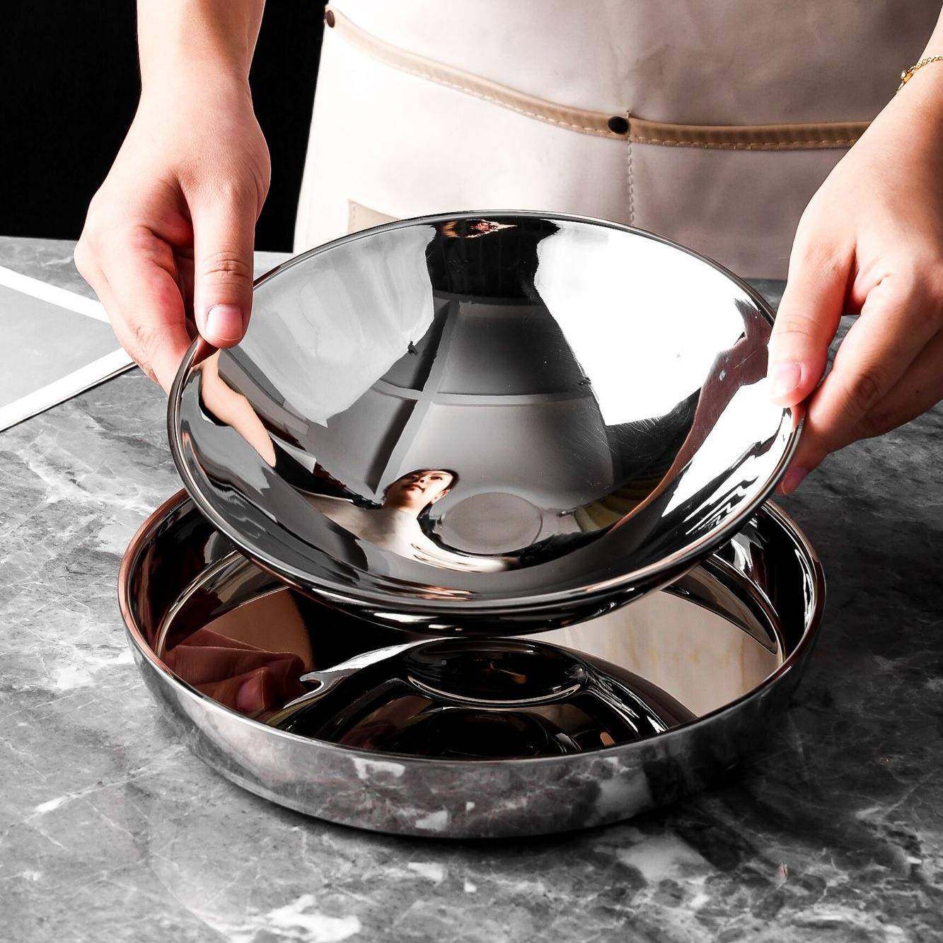 04术不锈钢球套形装碗防盘七件套艺球体摆件亮PR光碗双层烫碗盘 - 图1