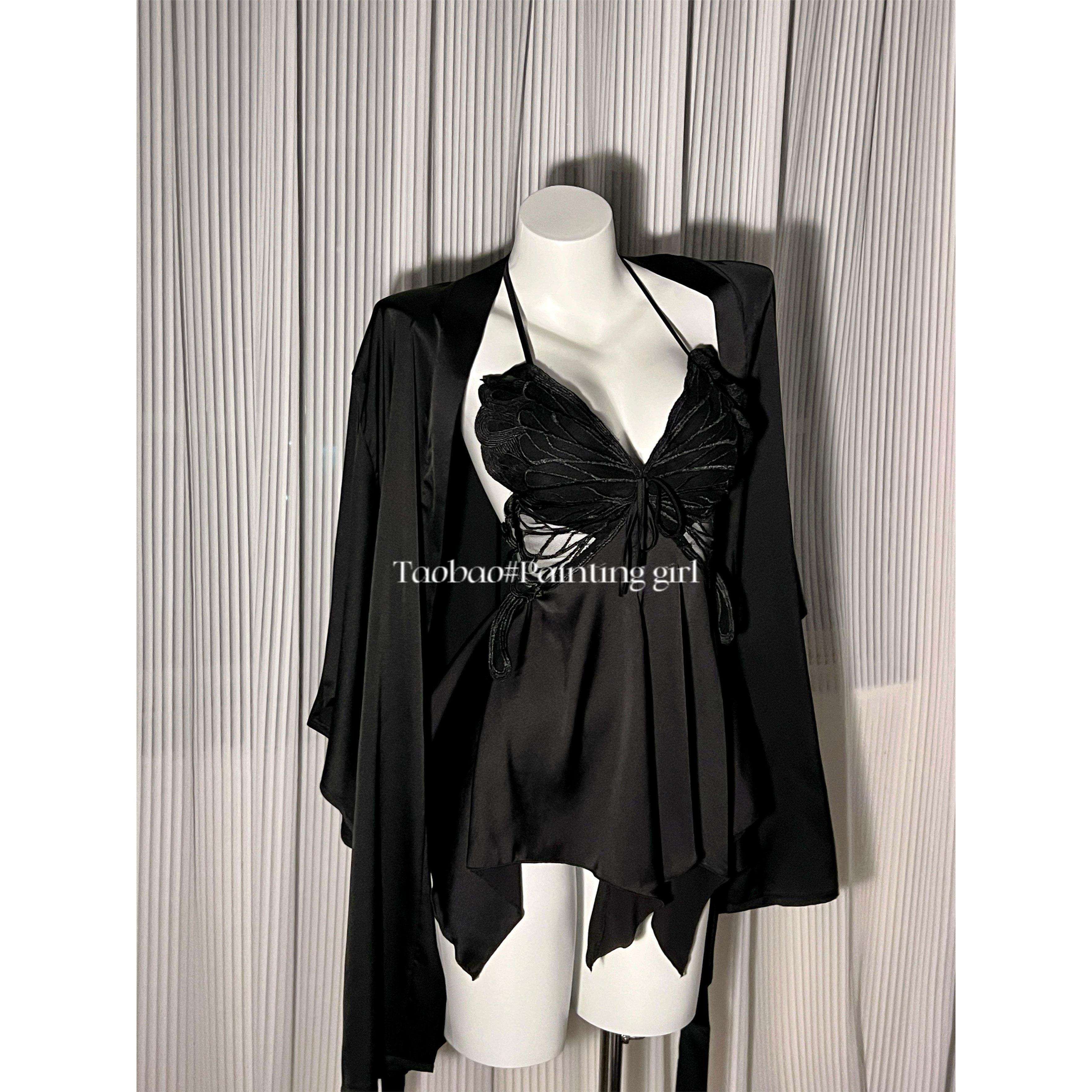 郑大嘻~黑色玫瑰·性感睡衣女蝴蝶刺绣睡裙露背纯欲风吊带带胸垫,淘宝优惠券,粉丝福利购,淘宝优惠卷