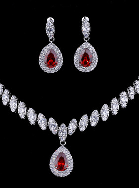 水滴锆石项链耳环套装新娘欧美跨境时尚晚会婚纱礼服高档首饰女士