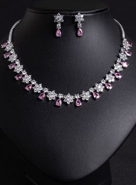 跨境新款彩宝新娘锆石饰品套装 镶AAA锆石新娘项链项链耳环两件套