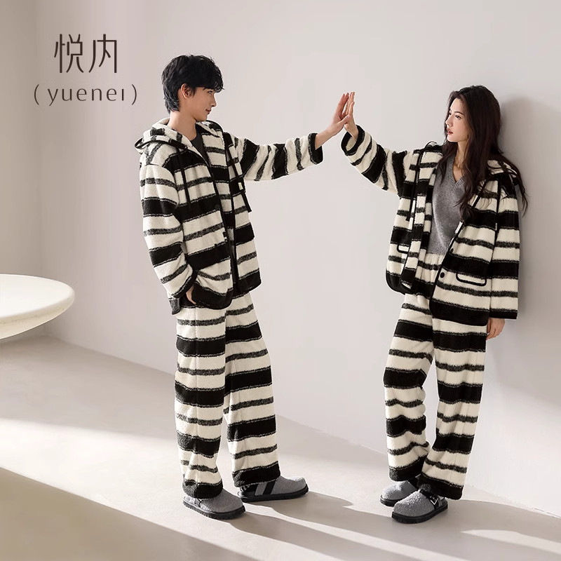 悦内半边绒情侣睡衣女秋冬款冬季珊瑚绒加绒保暖厚家居服条纹男士,淘宝优惠券,粉丝福利购,淘宝优惠卷