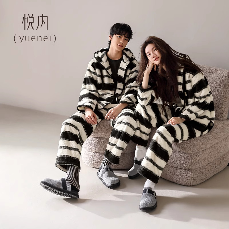 悦内半边绒情侣睡衣女秋冬款冬季珊瑚绒加绒保暖厚家居服条纹男士,淘宝优惠券,粉丝福利购,淘宝优惠卷