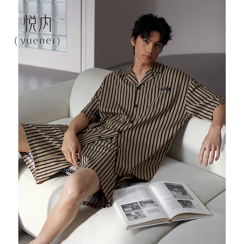 悦内睡衣男士款夏季纯棉短袖短裤家居服夏天夏款时尚条纹开衫套装 - 图0