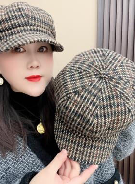英伦复古千鸟格宽檐八角贝雷帽