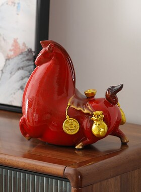 陶瓷马上有钱摆件红色招财马创意中式I家居客厅办公室装饰工艺品