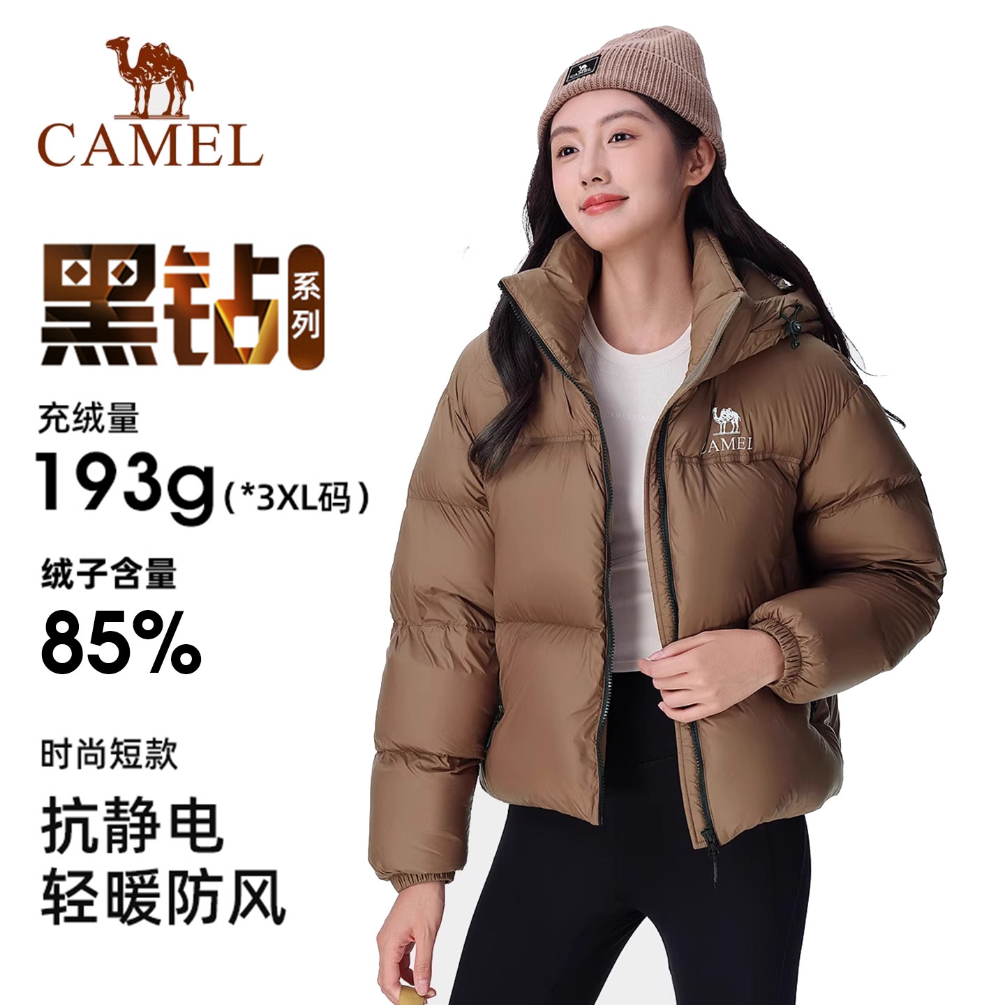 骆驼黑钻3.0羽绒服女短款冬季加厚保暖防风连帽面包服羽绒衣外套
