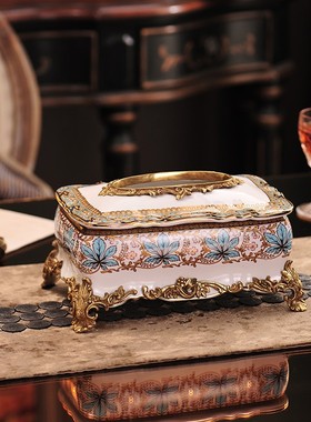 欧式陶瓷配铜纸巾盒果盘花瓶烟灰缸摆件K 高档奢华客厅茶几摆设