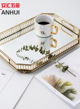 欧式铁艺金色玻璃托盘镜面底金属A托盘 首饰展示摆件新品品牌特卖