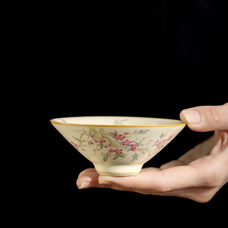 汝窑桃枝秾粉茶杯陶瓷斗笠杯家用高档主人杯个人T专用开片可养茶,淘宝优惠券,粉丝福利购,淘宝优惠卷