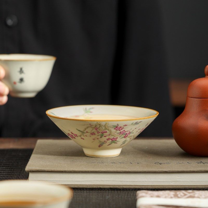 汝窑桃枝秾粉茶杯陶瓷斗笠杯家用高档主人杯个人T专用开片可养茶,淘宝优惠券,粉丝福利购,淘宝优惠卷