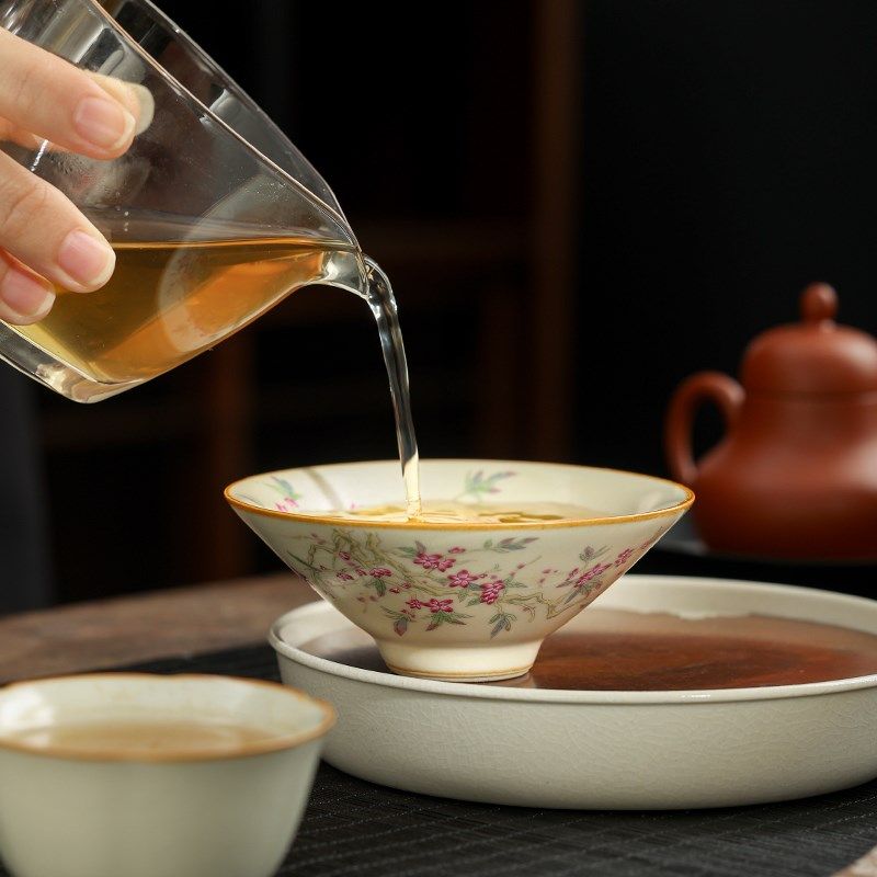 汝窑桃枝秾粉茶杯陶瓷斗笠杯家用高档主人杯个人T专用开片可养茶,淘宝优惠券,粉丝福利购,淘宝优惠卷