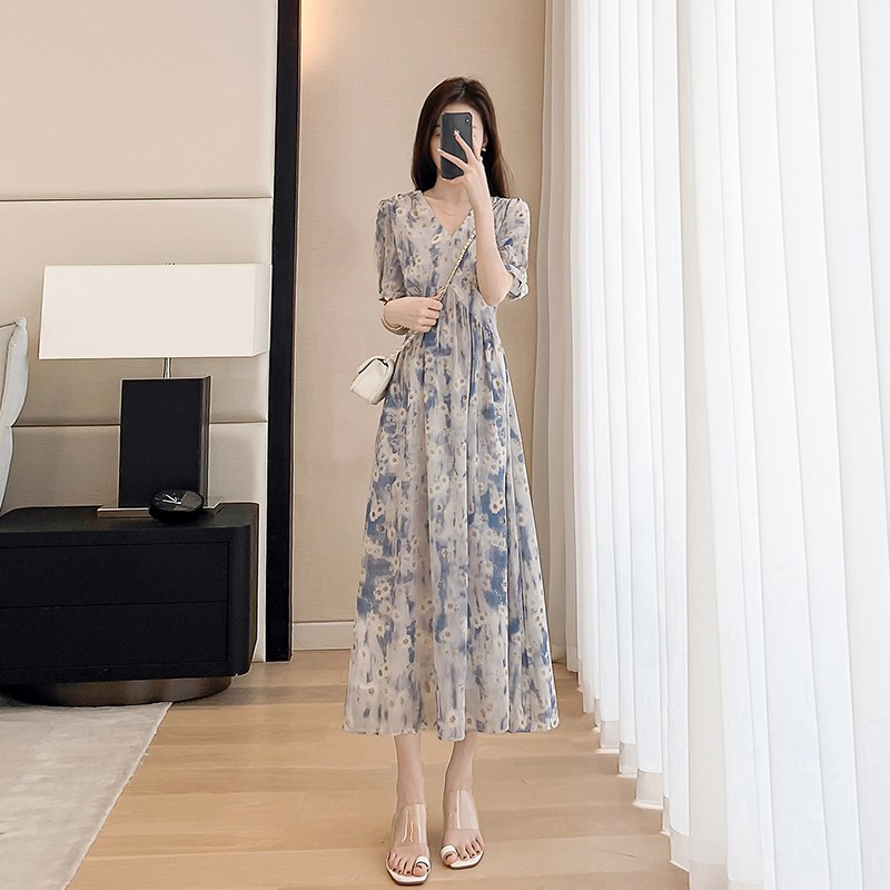 速发温柔裙碎风连衣花夏2024年新款中长款v领a字裙子 - 图2