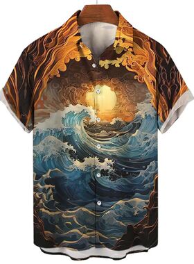 3D printed men's beach casual shirt   3D印花男士沙滩休闲衬衫