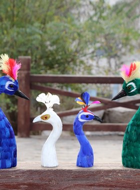 仿真孔雀头模型摆件开业花篮花艺摆盘装I饰真羽毛摆件餐厅餐桌摆