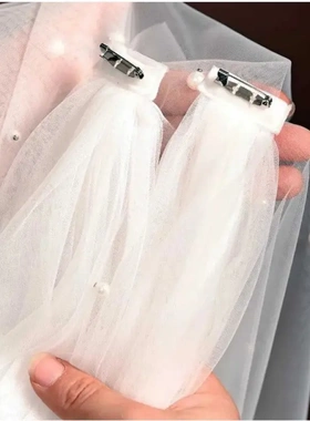 欧美珍珠网纱小教堂式拖地披肩单层白色色新娘婚纱披风女