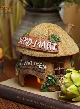 可爱童话风格蘑菇草屋装饰花园手绘摆件艺术烛台创意树脂家居礼物
