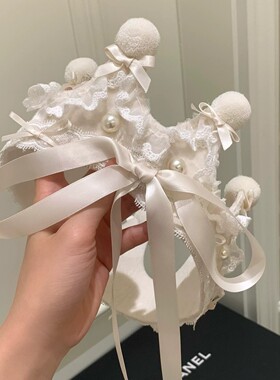 法式奶白公主皇冠生日帽发箍女蝴蝶结长飘带氛围感拍照头箍发饰