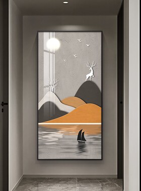速发轻挂玄版装饰画橙色麋鹿竖关山水画奢画客厅玄幻走廊过道壁画