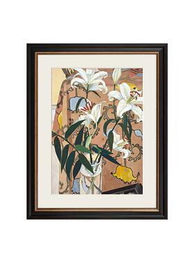 餐复边花百合中古风QF202306装饰的画卉餐厅卧室挂画边柜摆画美式