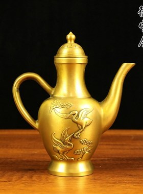 铜壶松鹤延年酒壶工艺品摆件纯铜餐厅酒壶宴会家居婚庆.铜酒壶铜