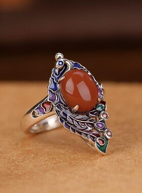 2024新银南红景泰蓝凤凰气质女士戒指复古民族风做旧个性开口指环