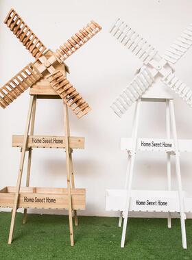 田园创意风车花架装饰家庭阳台软装饰木制商店橱窗地板站立大花架