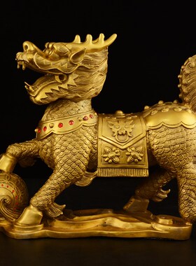 热销铜麒麟摆件一对客厅酒柜黄铜麒麟公母一对装饰品店铺开业礼品